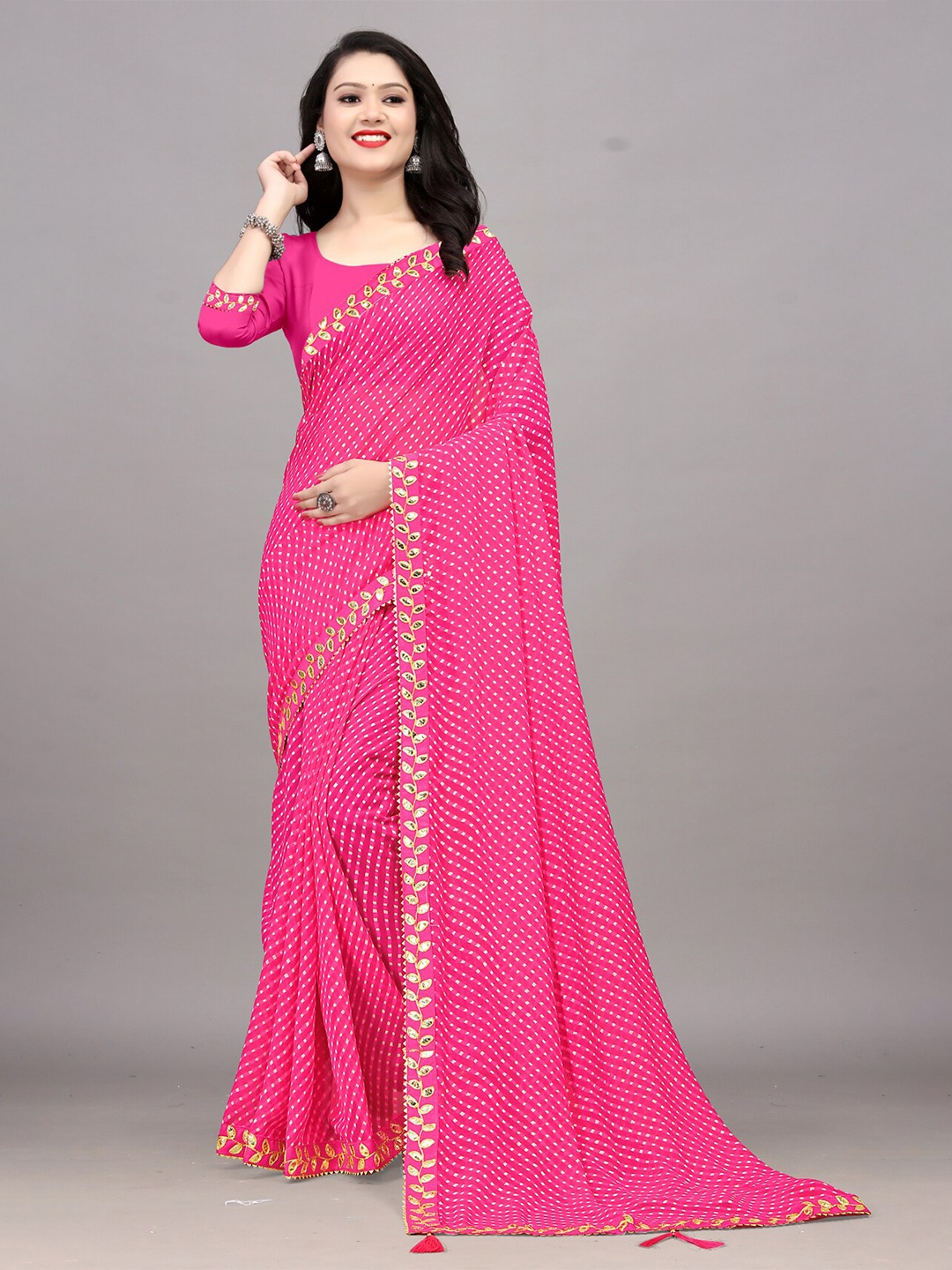 

Ariya Prints Geometric Printed Embroidered Pure Georgette Leheriya Saree, Pink