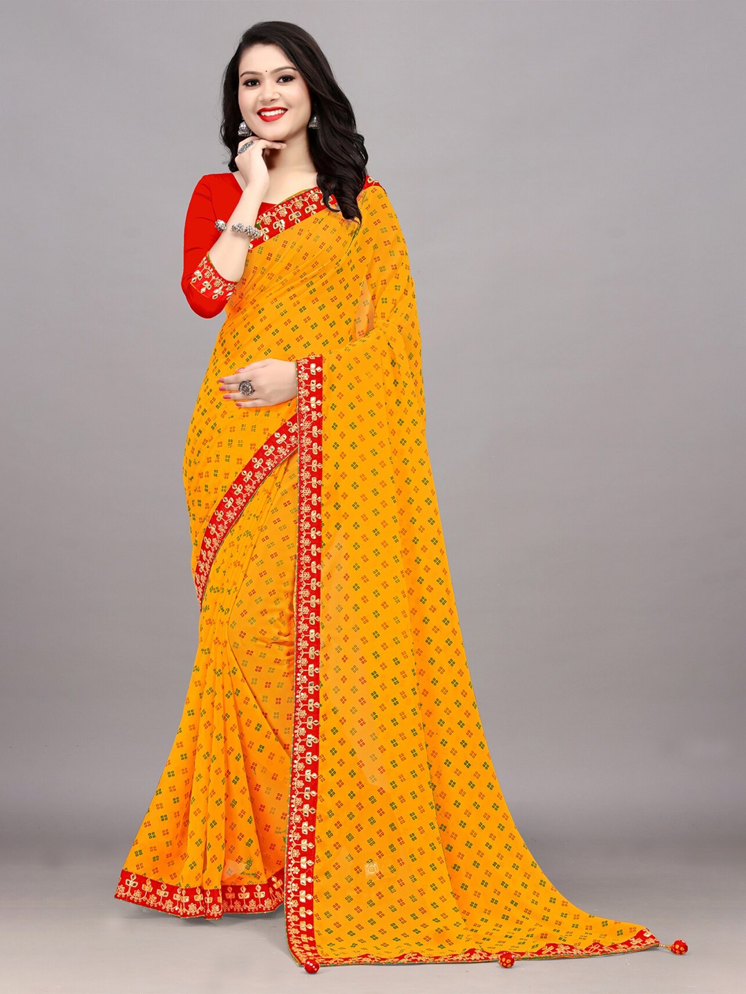 

Ariya Prints Bandhani Printed Embroidered Pure Georgette Saree, Yellow