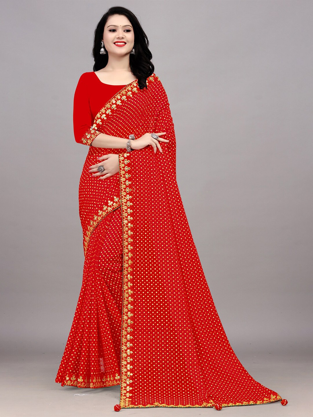 

Ariya Prints Embroidered Border Printed Pure Georgette Bandhani Saree, White