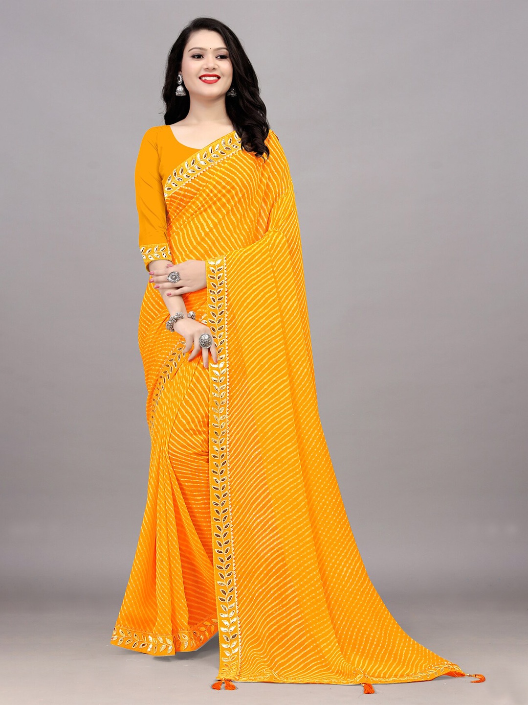 

Ariya Prints Leheriya Printed Embroidered Pure Georgette Saree, Yellow