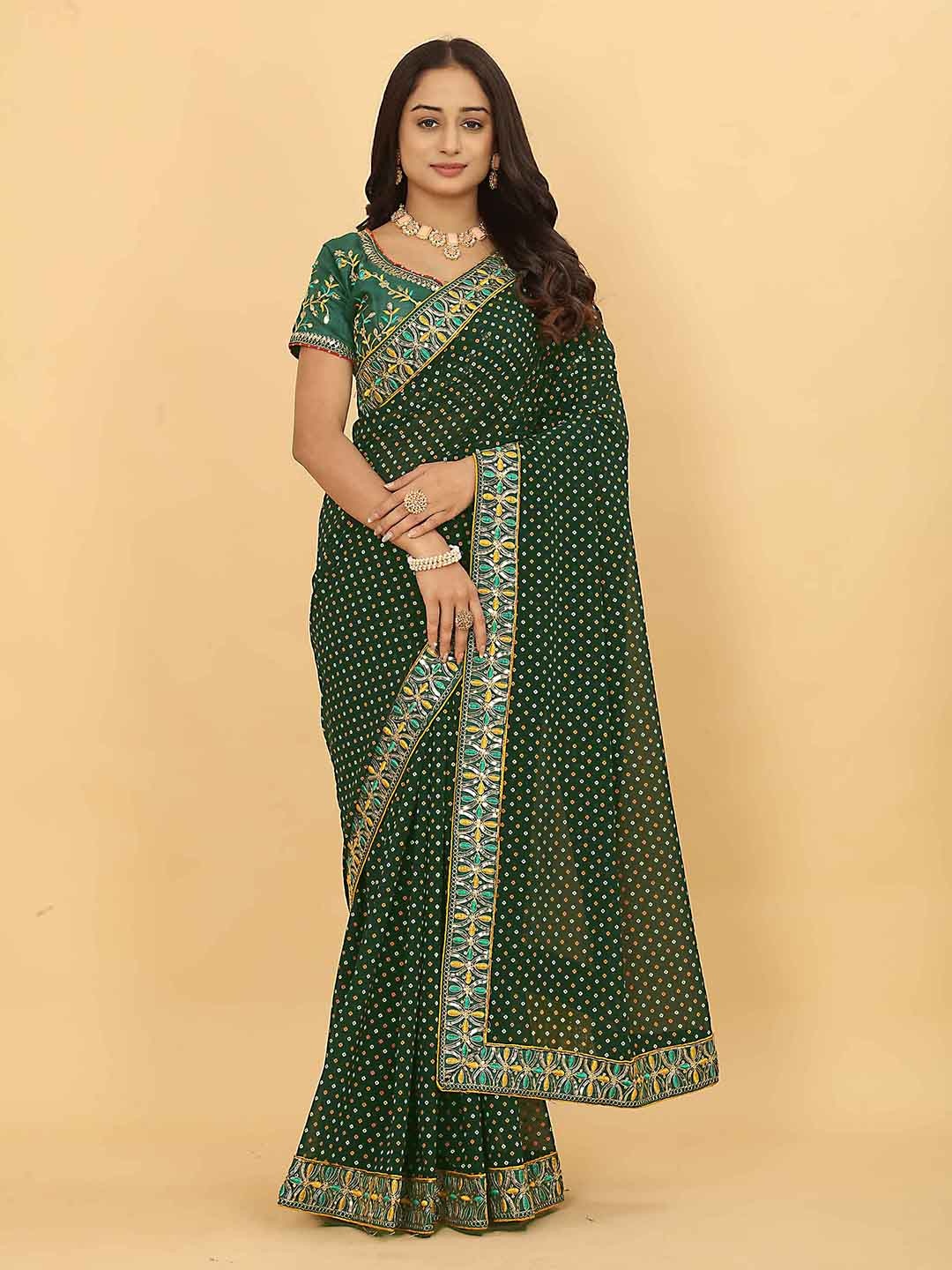 

Ariya Prints Bandhani Printed Embroidered Pure Georgette Saree, Green