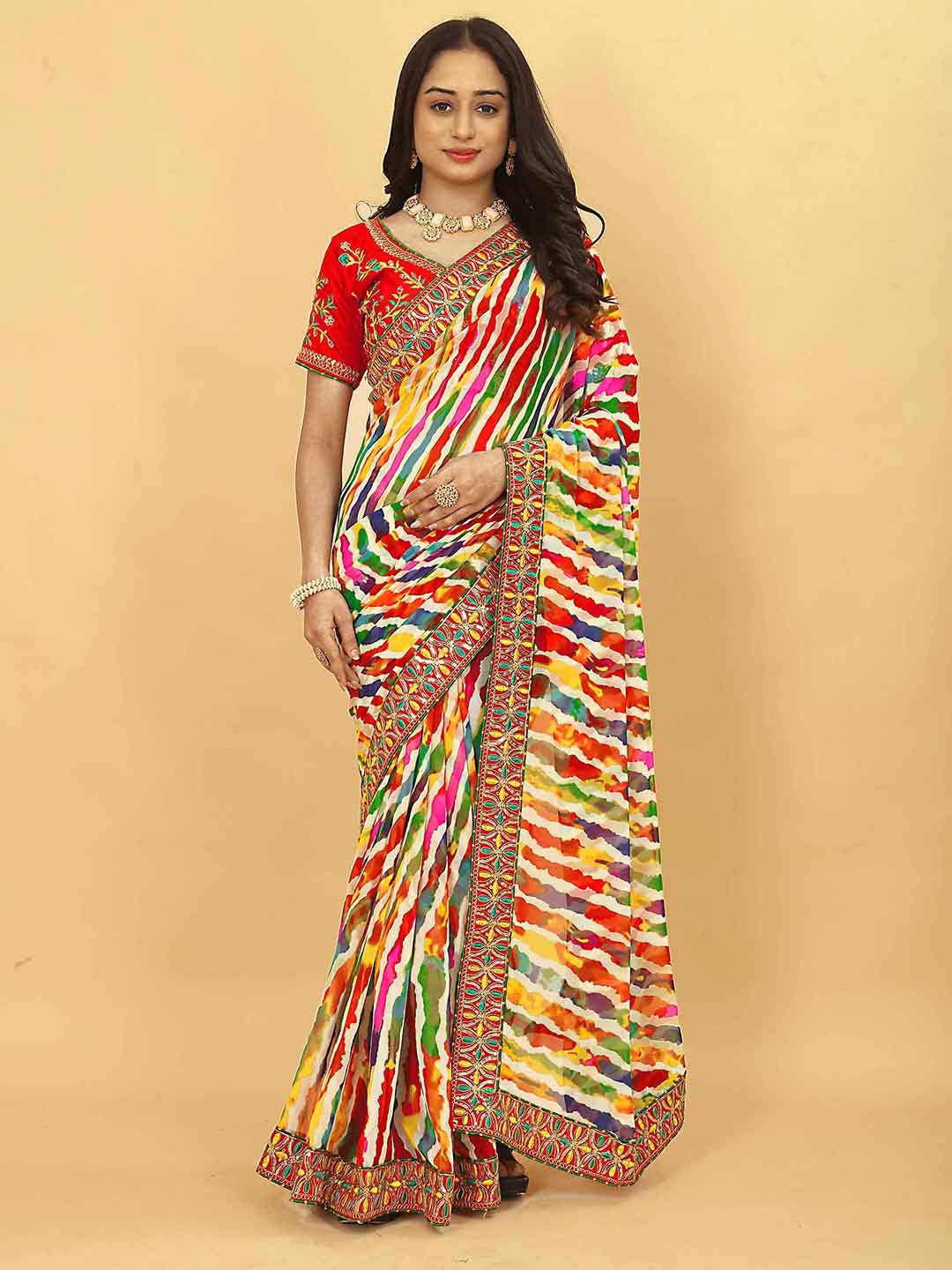 

Ariya Prints Leheriya Printed Embroidered Pure Georgette Bandhani Saree, Red