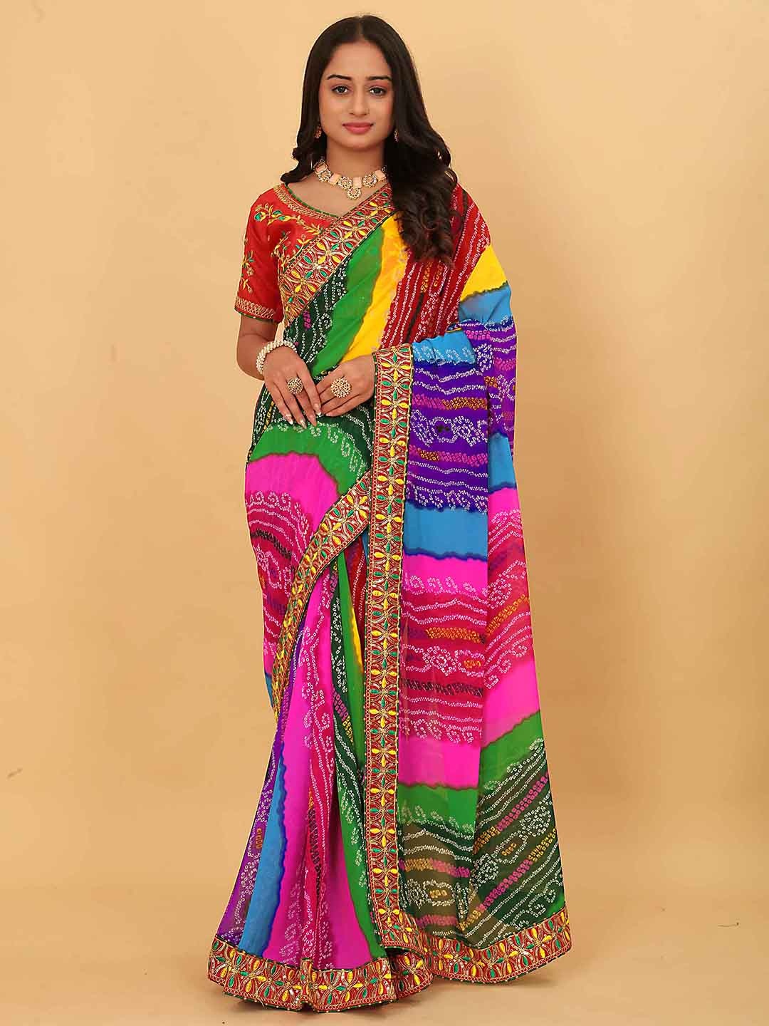 

Ariya Prints Bandhani Printed Embroidered Pure Georgette Bandhani Saree, Green