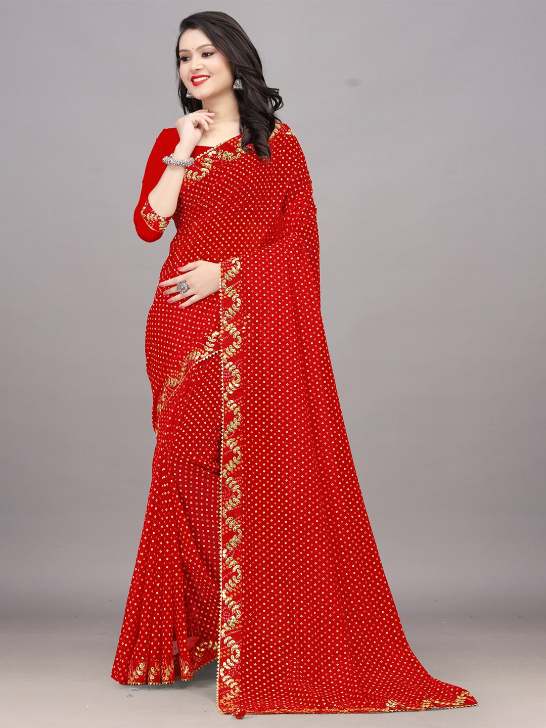 

Ariya Prints Embroidered Border Printed Pure Georgette Bandhani Saree, Red