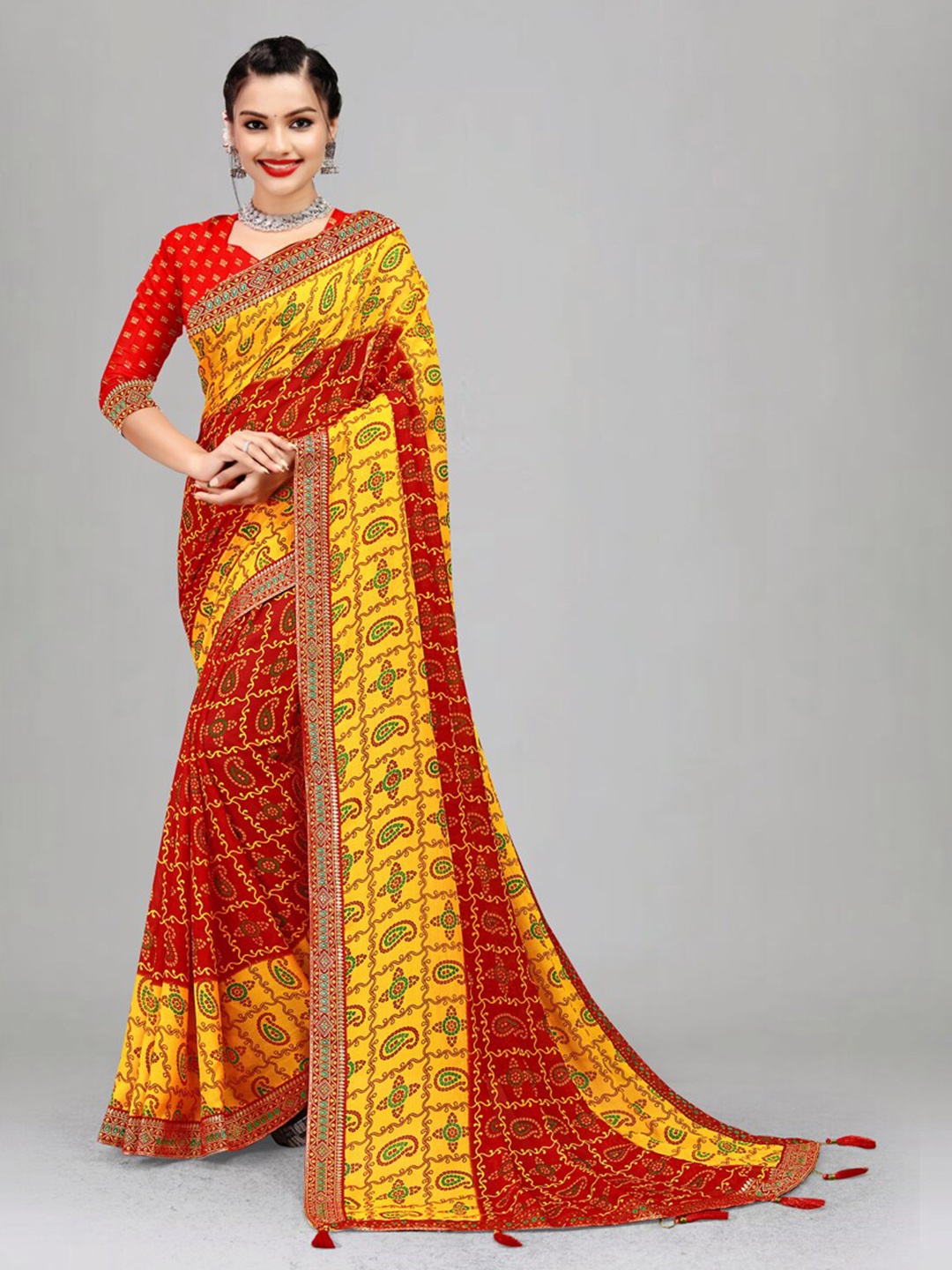 

Ariya Prints Embroidered Border Printed Pure Georgette Bandhani Saree, Yellow