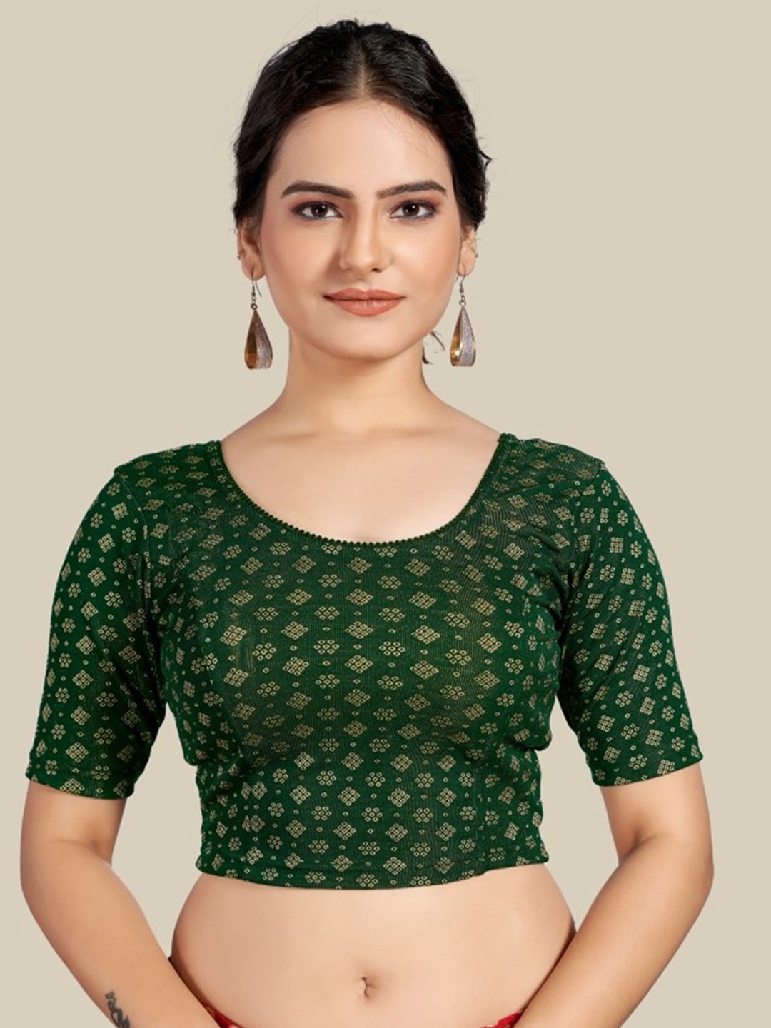 

HIMRISE Ethnic Motifs Printed Saree Blouse, Green