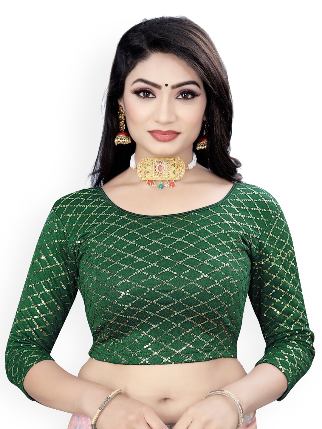 

HIMRISE Embroidered Sequinned Saree Blouse, Green