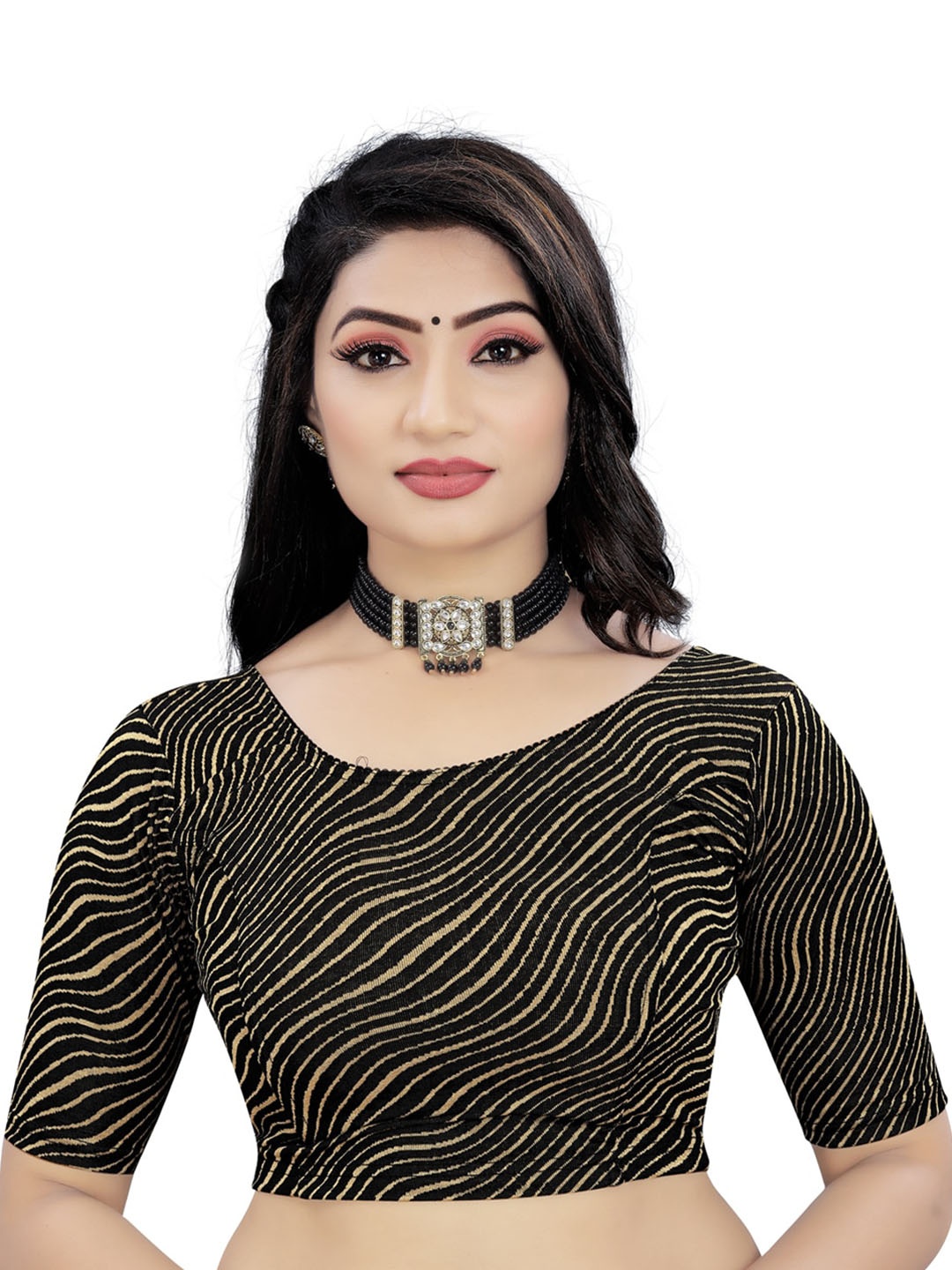 

HIMRISE Abstract Printed Round Neck Raw Silk Saree Blouse, Black