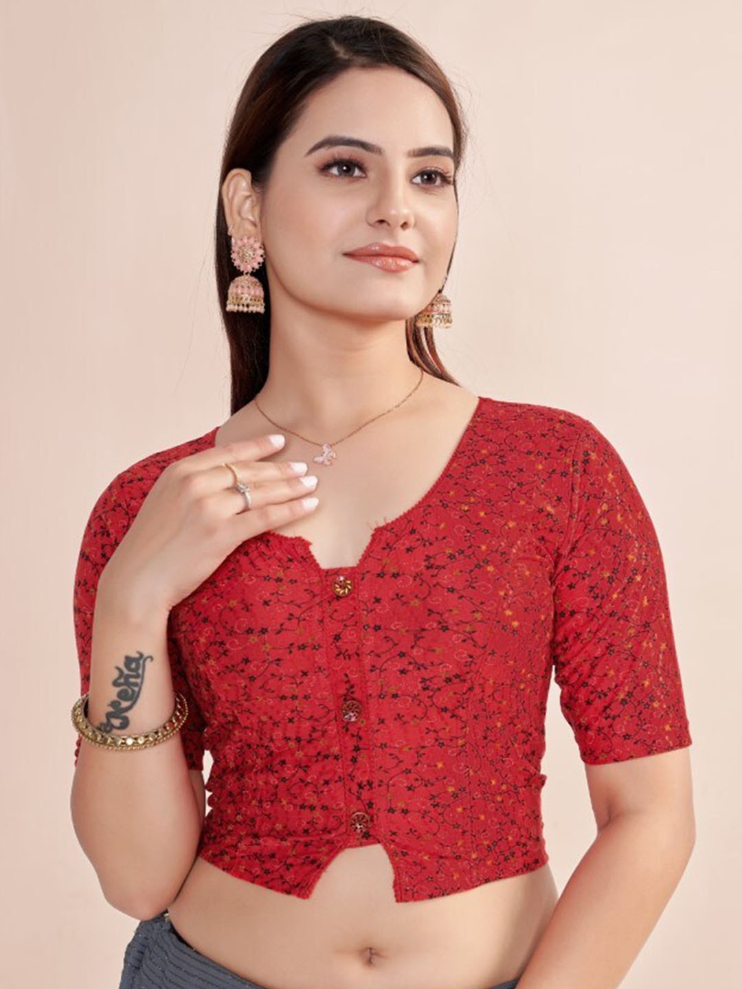 

HIMRISE Floral Printed Saree Blouse, Red