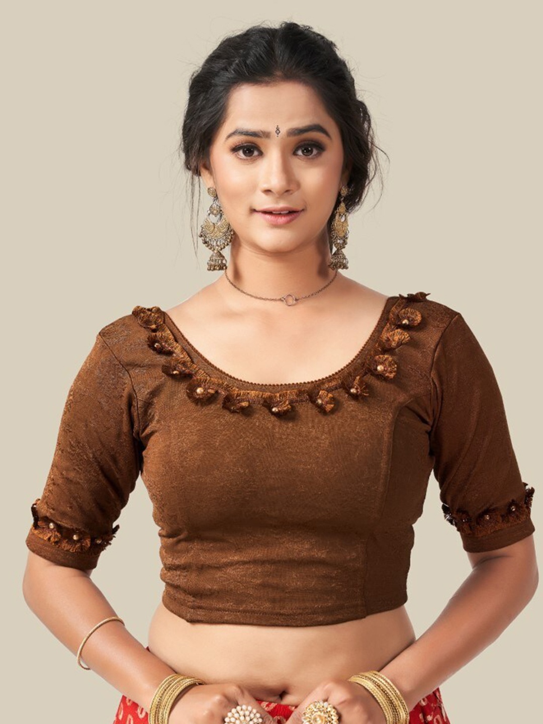 

HIMRISE Woven Design Beads and Stones Detail Saree Blouse, Brown