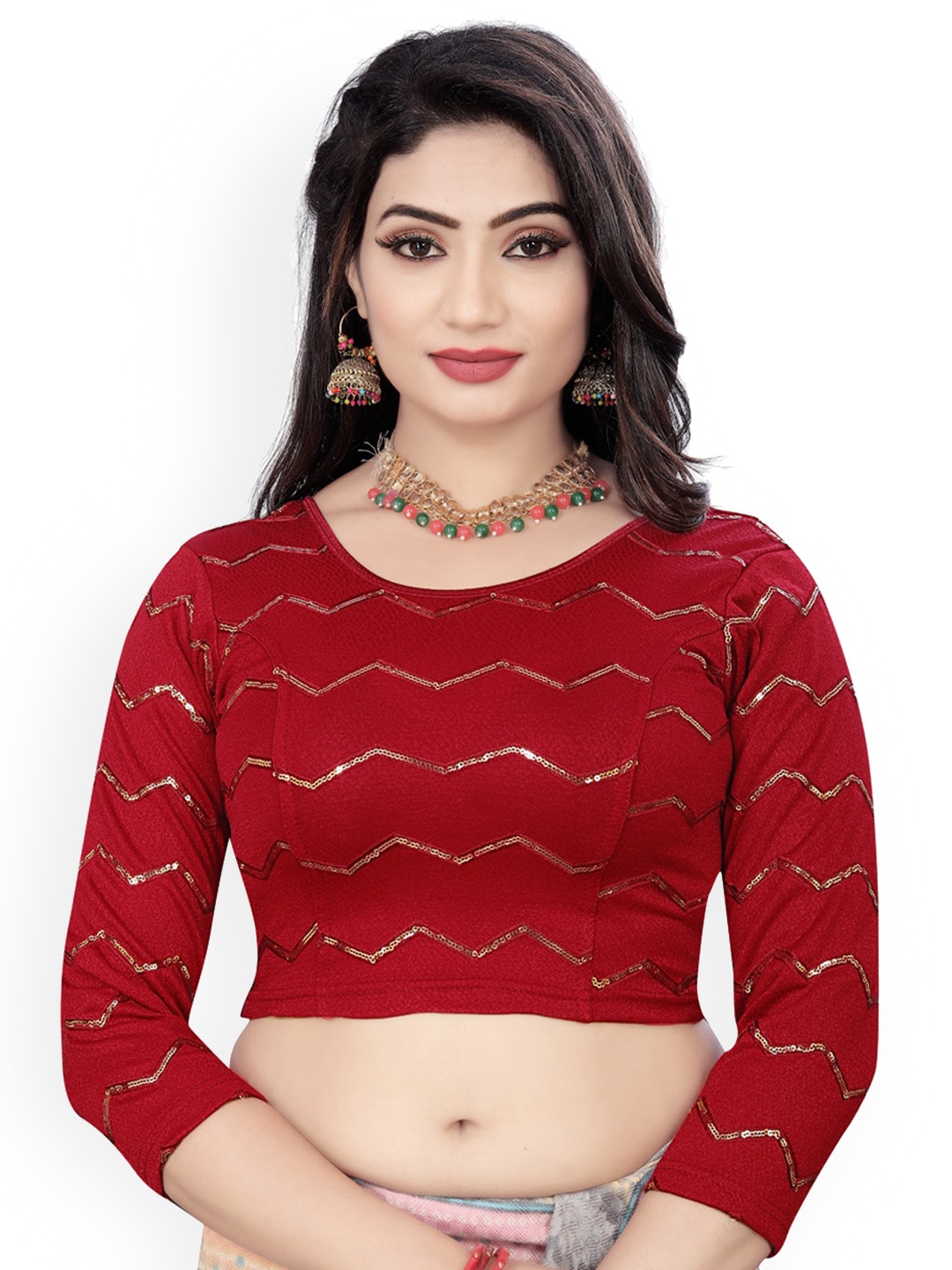 

HIMRISE Embroidered Round Neck Saree Blouse, Maroon