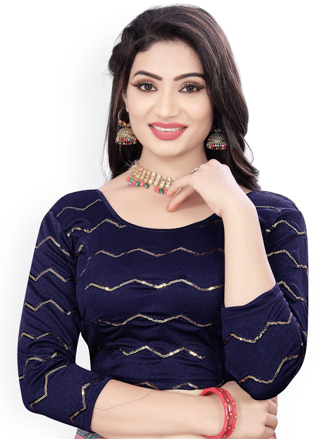 

HIMRISE Embroidered Three-Quarter Sleeves Sequinned Saree Blouse, Navy blue