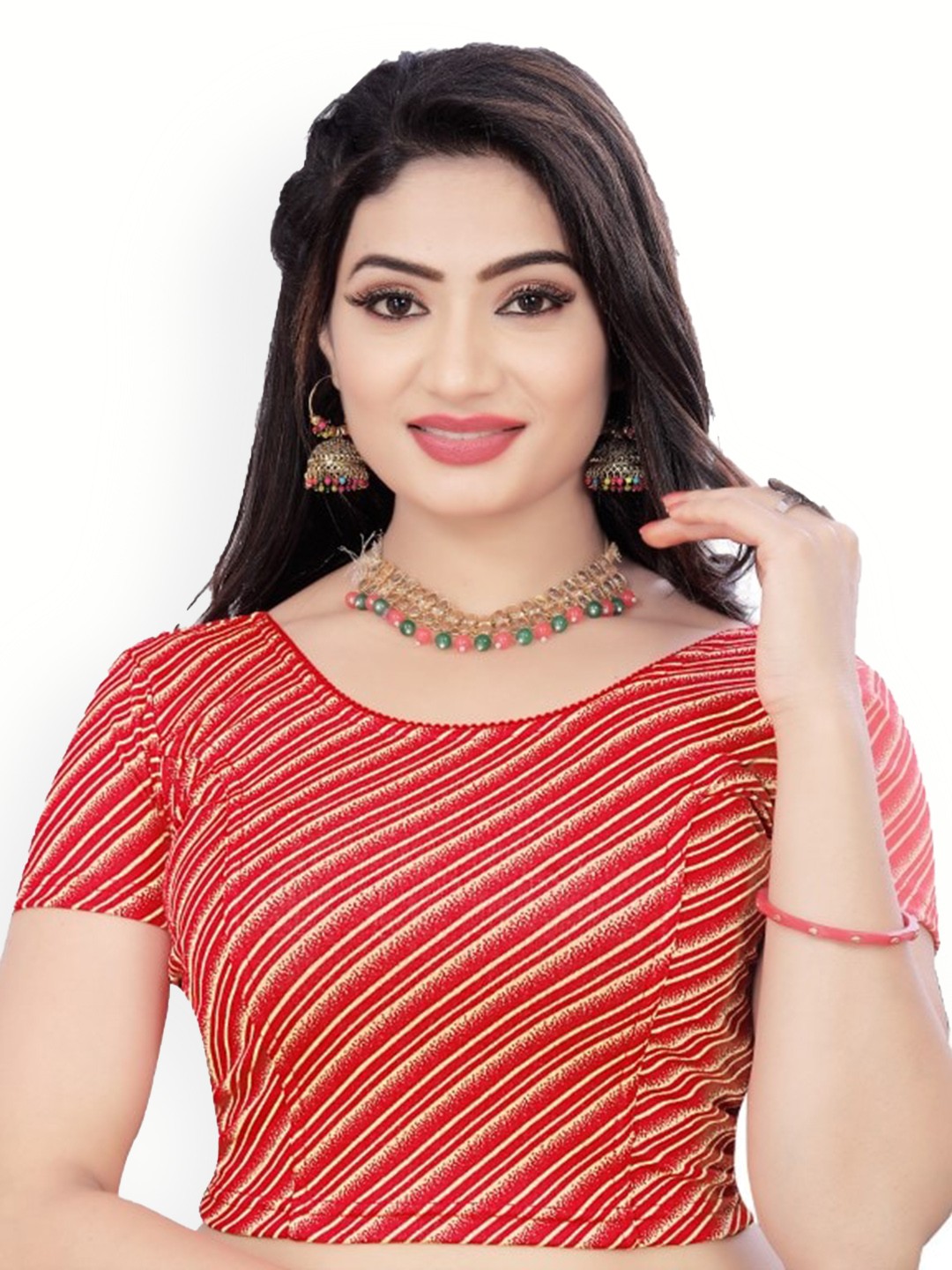 

HIMRISE Printed Round Neck Saree Blouse, Red