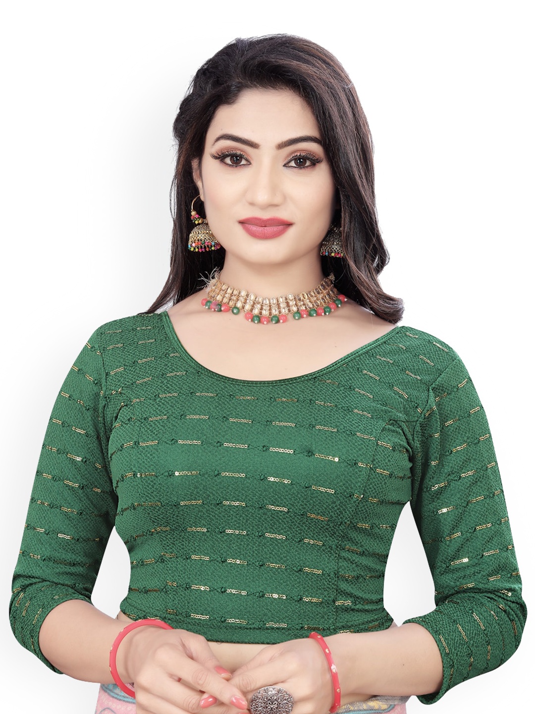

HIMRISE Embroidered Three-Quarter Sleeves Sequinned Saree Blouse, Green