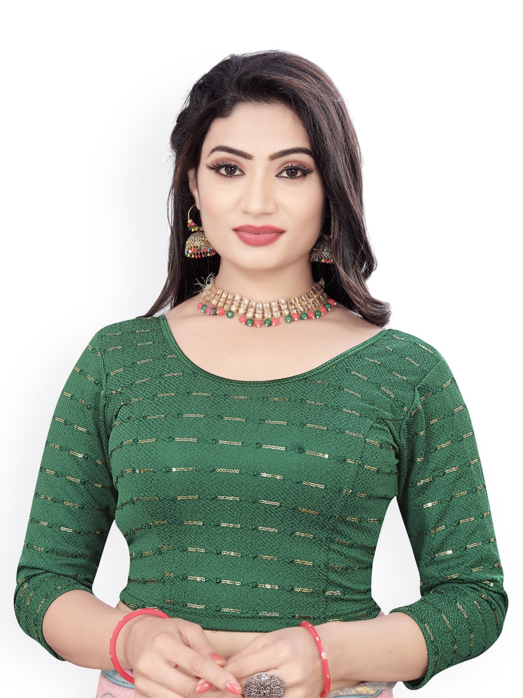 

HIMRISE Embroidered Round Neck Three-Quarter Sleeve Sequinned Saree Blouse, Green