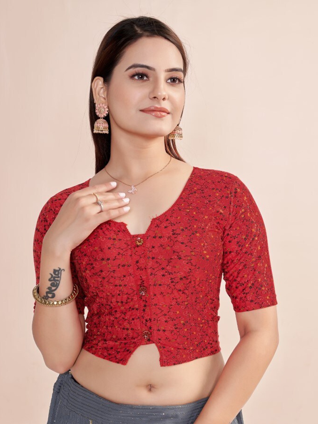 

HIMRISE Floral Printed Round Neck Saree Blouse, Red