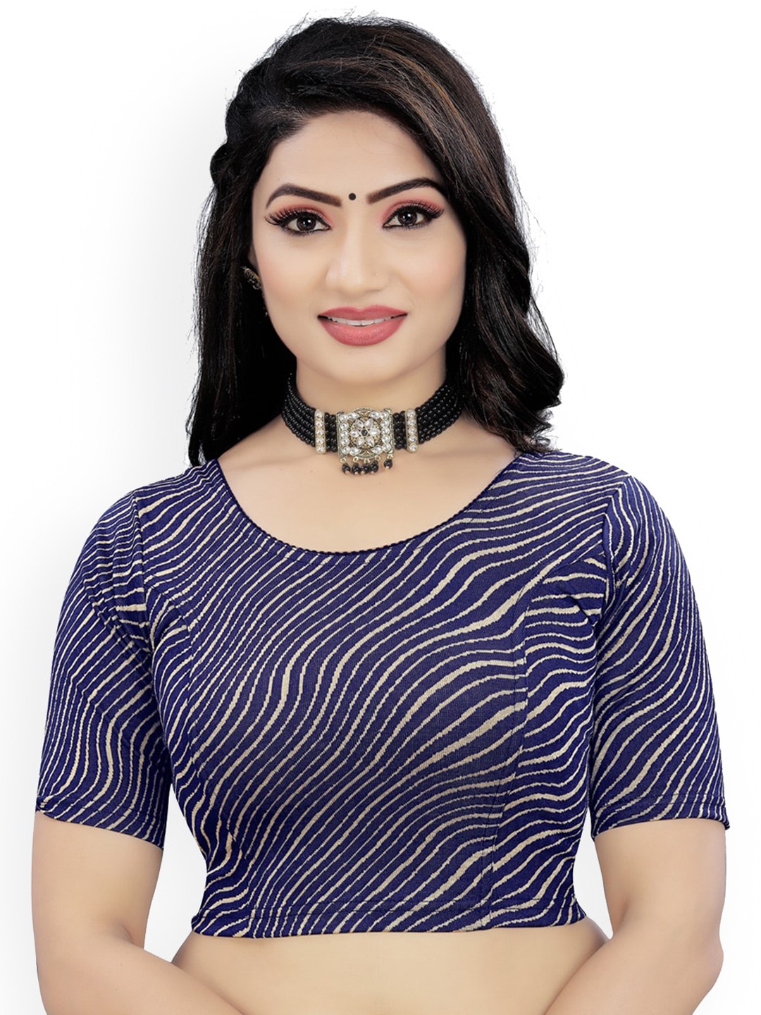 

HIMRISE Printed Round Neck Saree Blouse, Navy blue