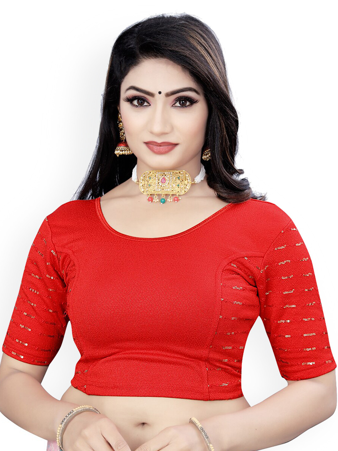 

HIMRISE Sequinned Embellished Round Neck Saree Blouse, Red