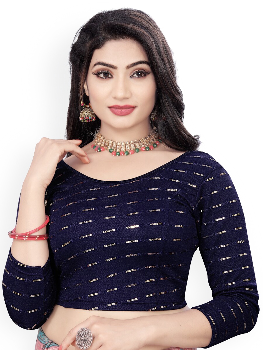 

HIMRISE Sequinned Embellished Saree Blouse, Navy blue