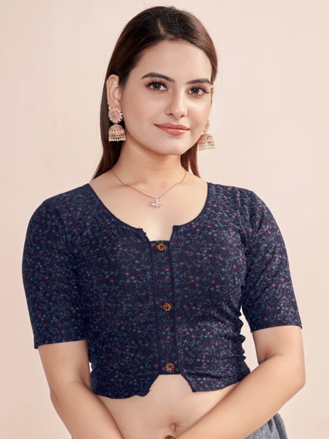 

HIMRISE Plus Size Floral Printed Saree Blouse, Navy blue