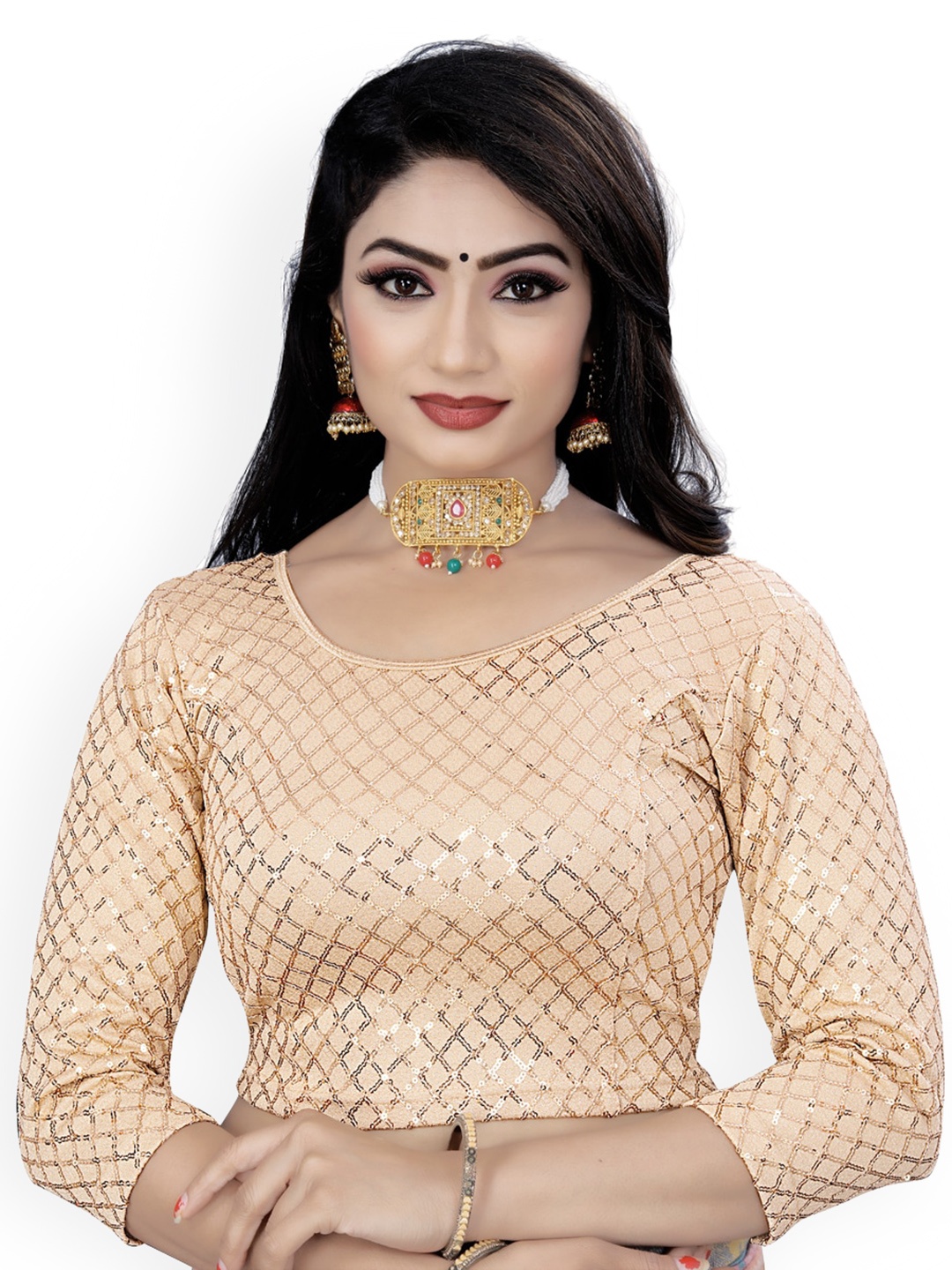 

HIMRISE Embroidered Round Neck Three-Quarter Sleeve Sequinned Saree Blouse, Gold