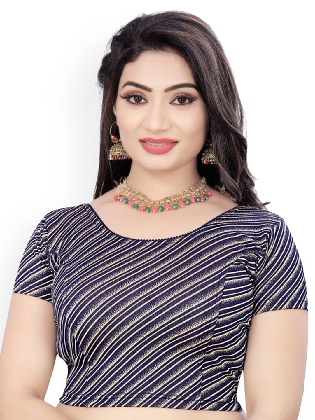 

HIMRISE Striped Saree Blouse, Navy blue