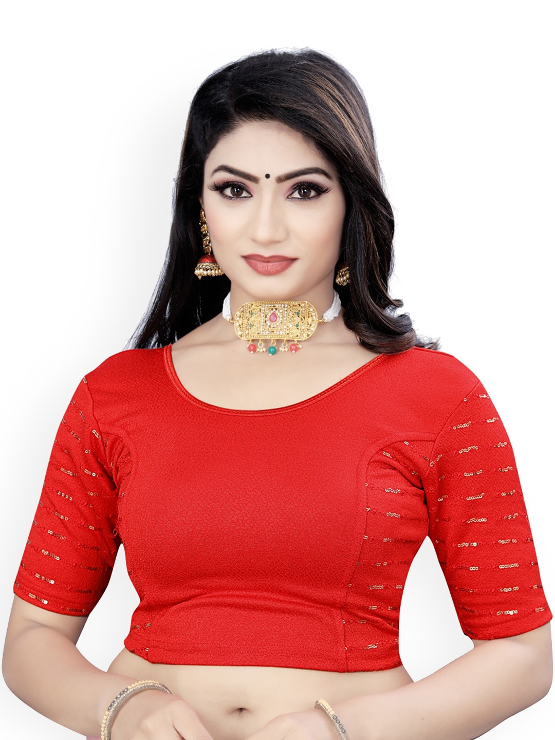 

HIMRISE Embroidered Sequinned Saree Blouse, Red