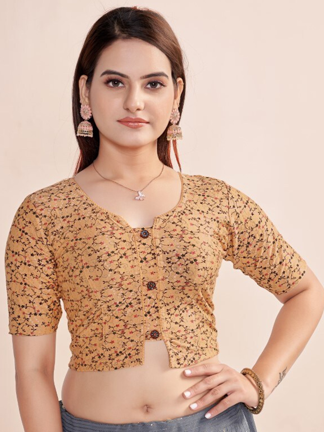 

HIMRISE Floral Printed Round Neck Saree Blouse, Yellow