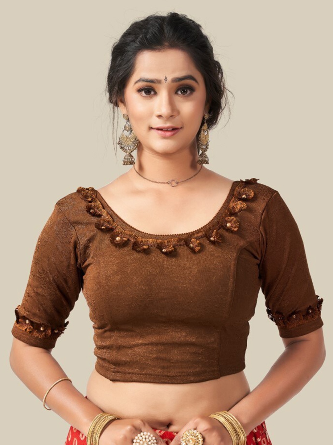 

HIMRISE Thread Worked Saree Blouse, Brown