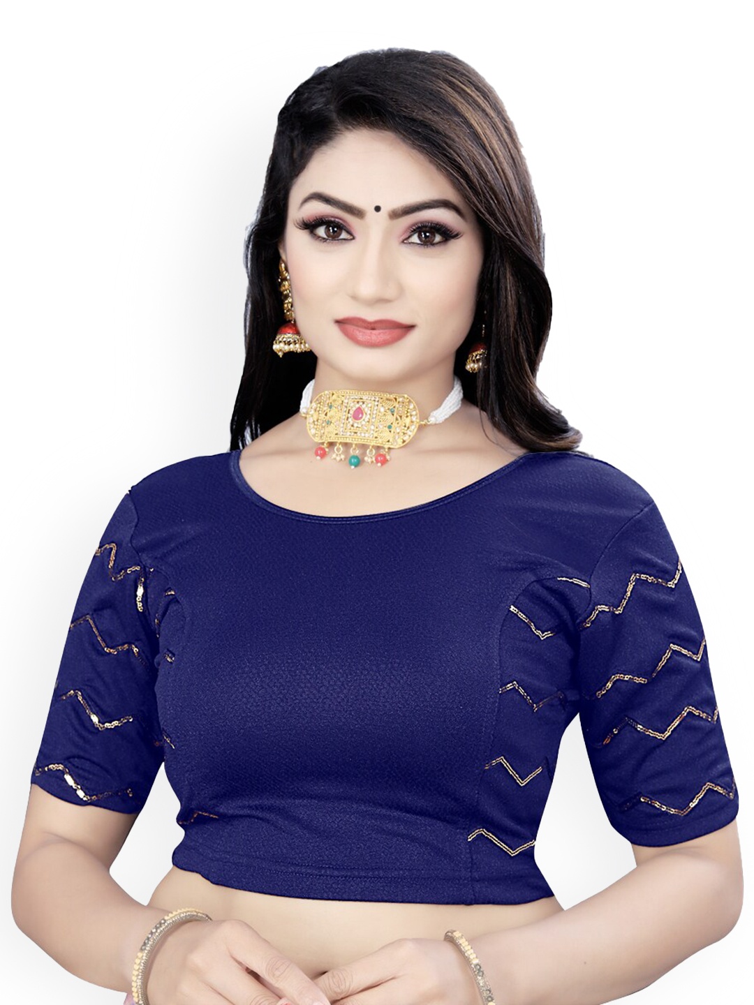 

HIMRISE Sequinned Round Neck Saree Blouse, Navy blue