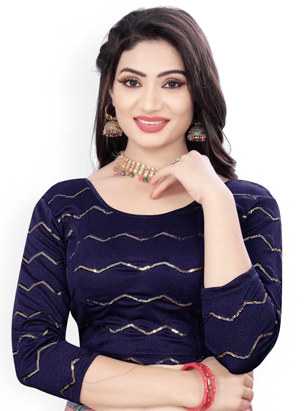 

HIMRISE Embroidered Sequinned Saree Blouse, Navy blue