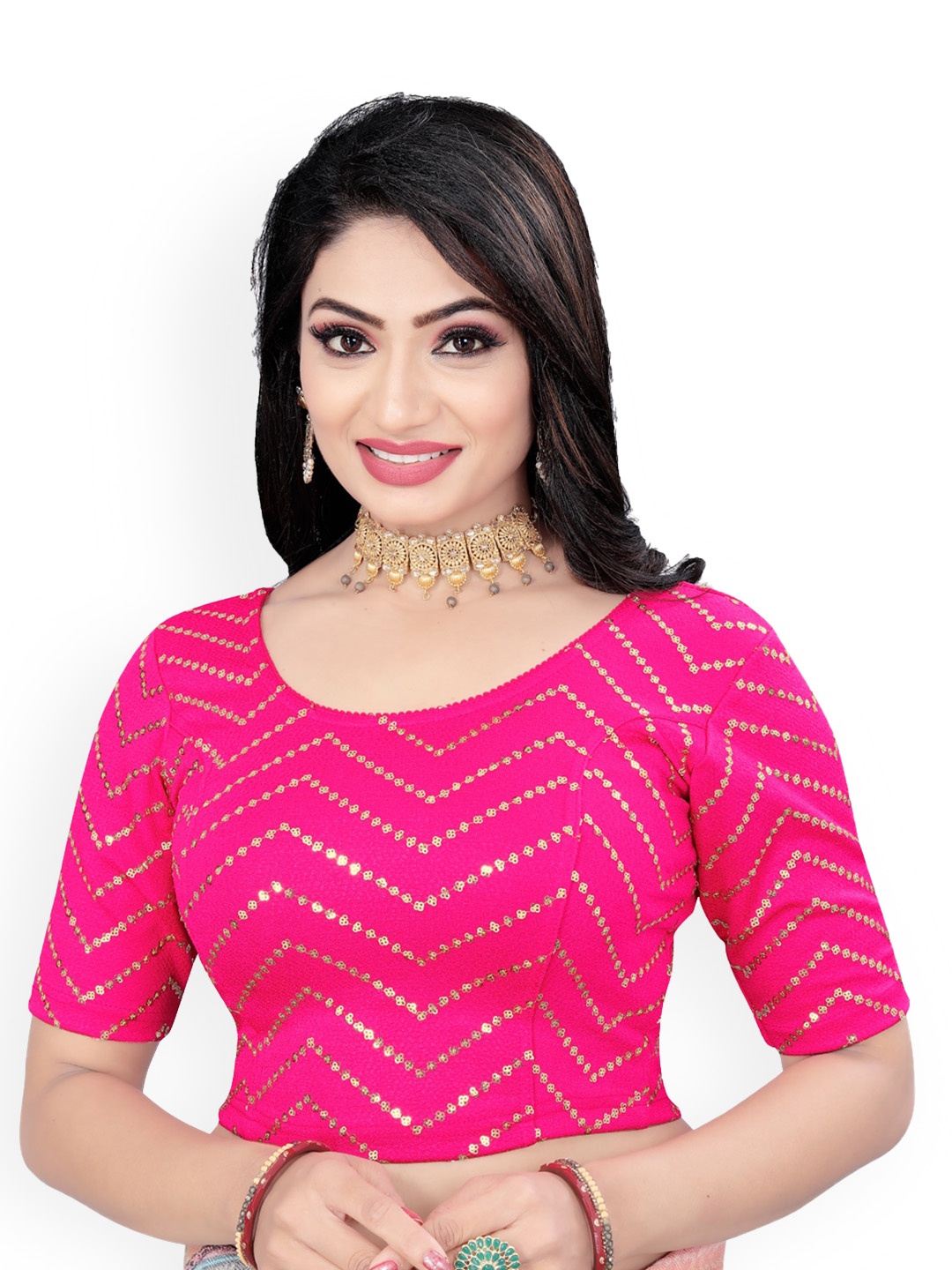 

HIMRISE Sequinned Round-Neck Saree Blouse, Pink
