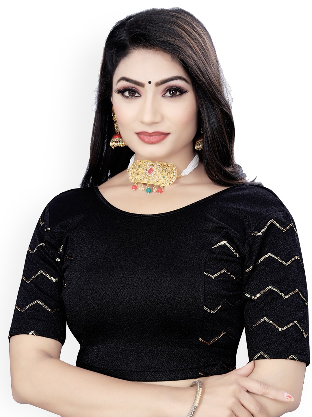 

HIMRISE Embroidered Sequinned Round Neck Saree Blouse, Black