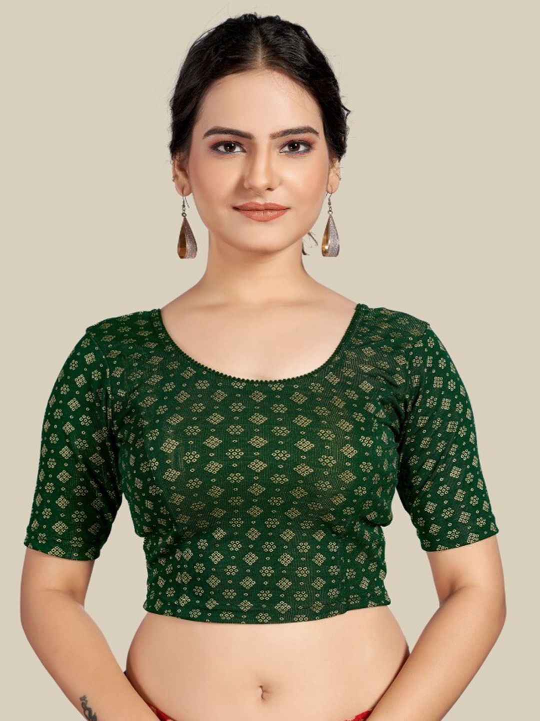 

HIMRISE Printed Round-Neck Saree Blouse, Green