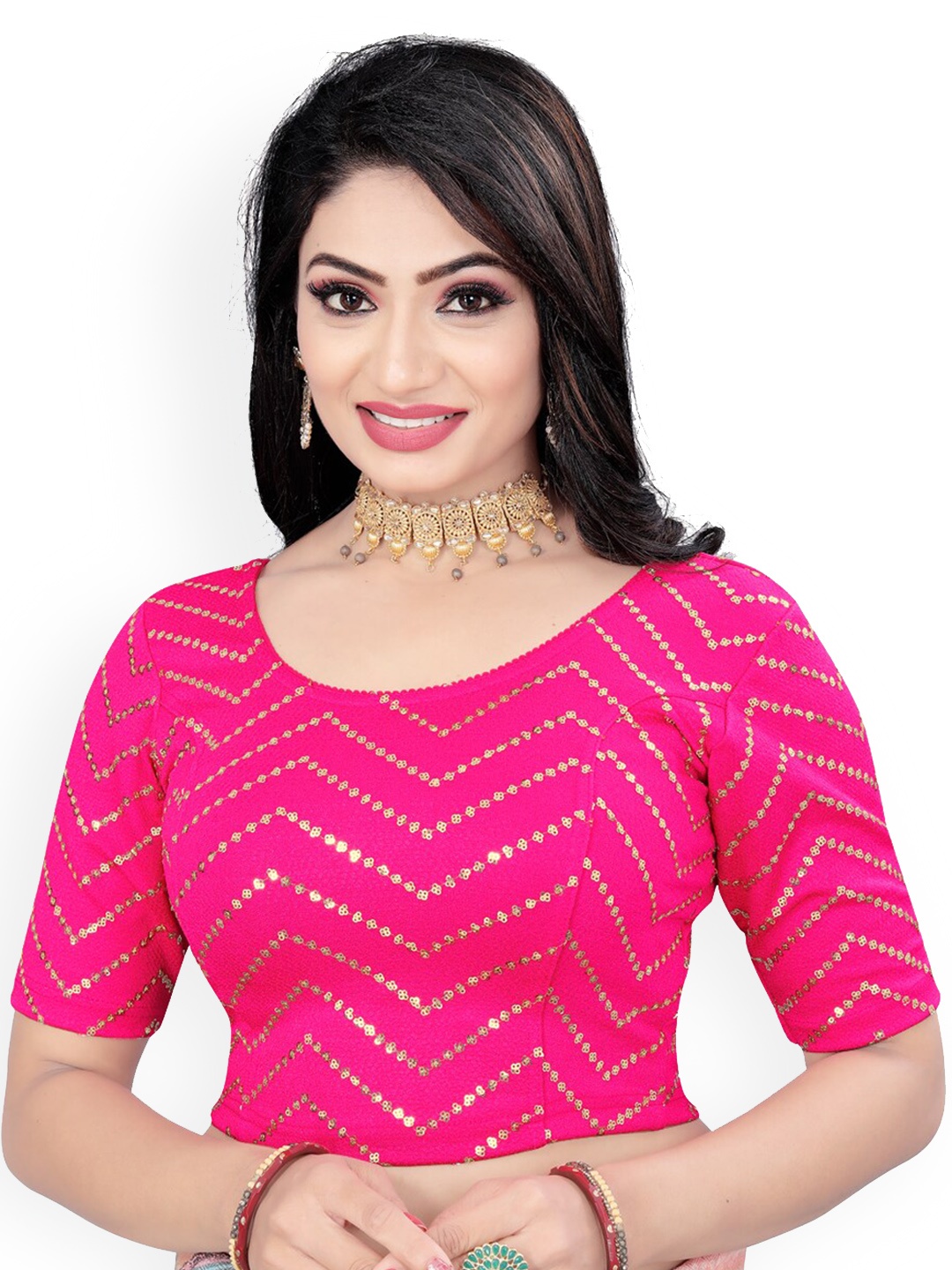 

HIMRISE Embroidered Sequinned Round Neck Saree Blouse, Pink