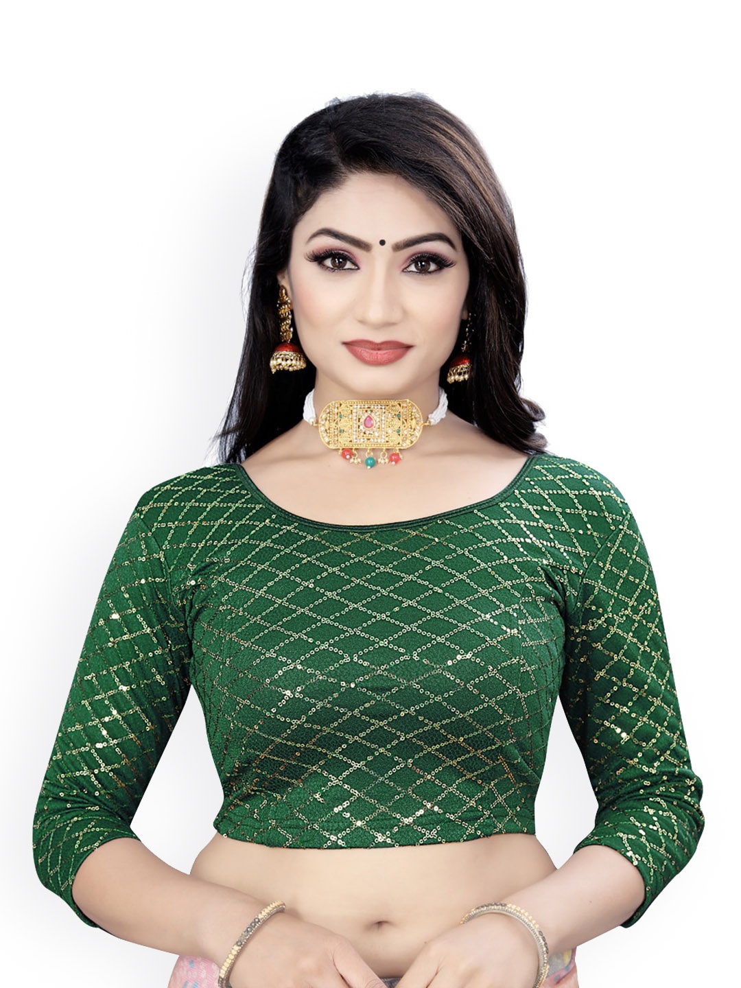 

HIMRISE Embroidered Sequinned Saree Blouse, Green