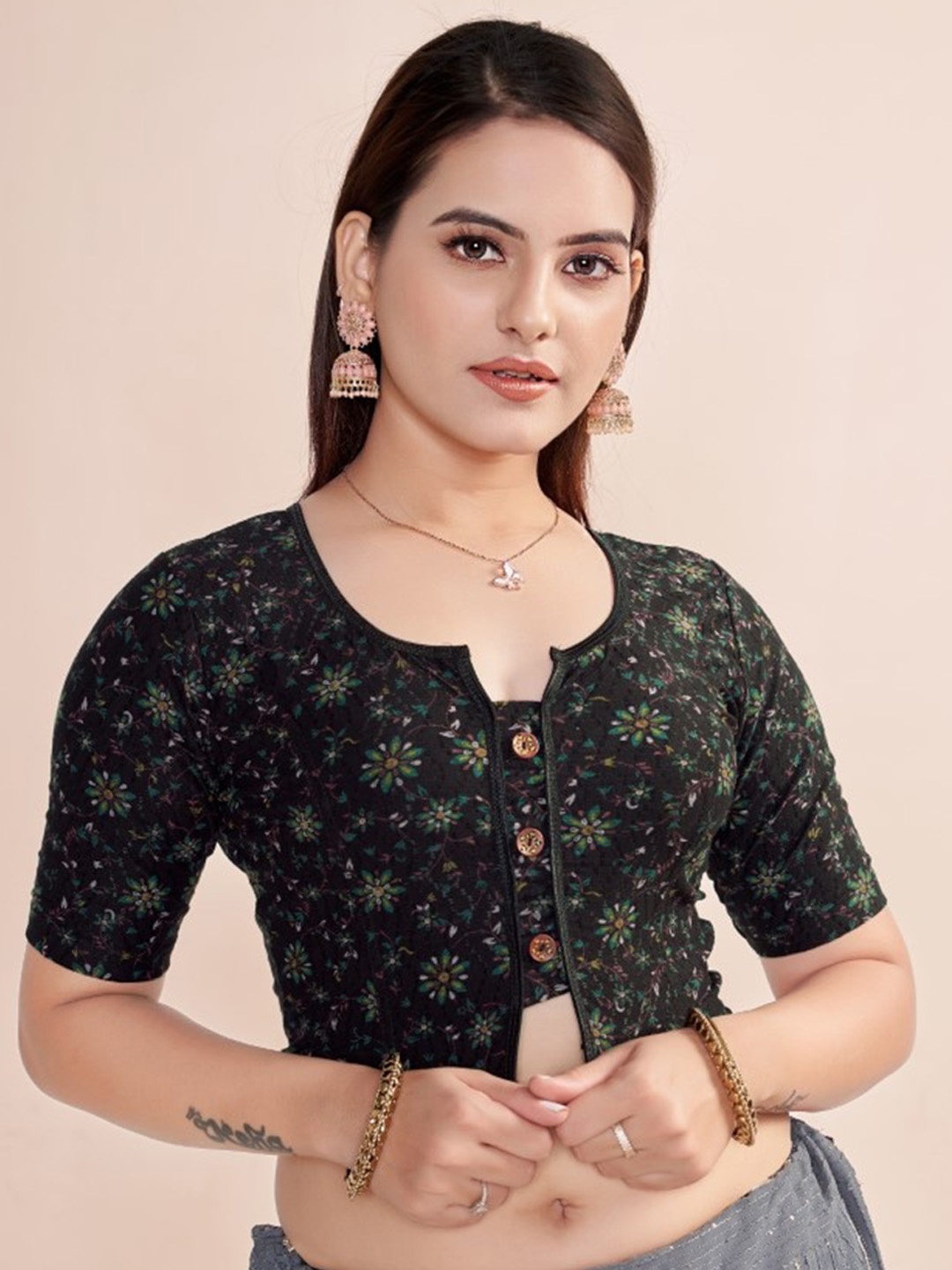 

HIMRISE Floral Printed Ready To Wear Saree Blouse, Black