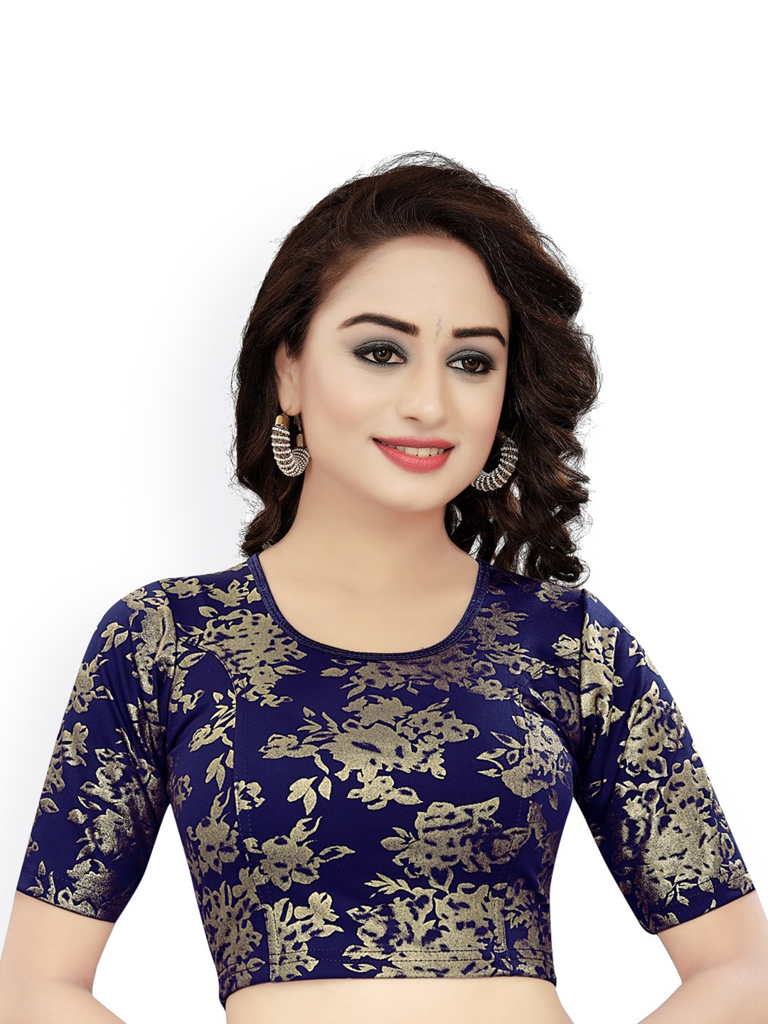 

HIMRISE Ethnic Motifs Foil Printed Cut Out Saree Blouse, Navy blue