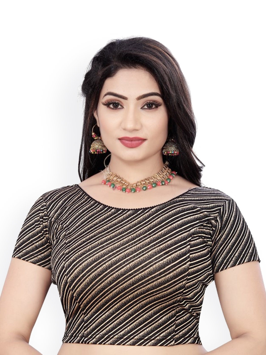 

HIMRISE Striped Ready To Wear Saree Blouse, Black