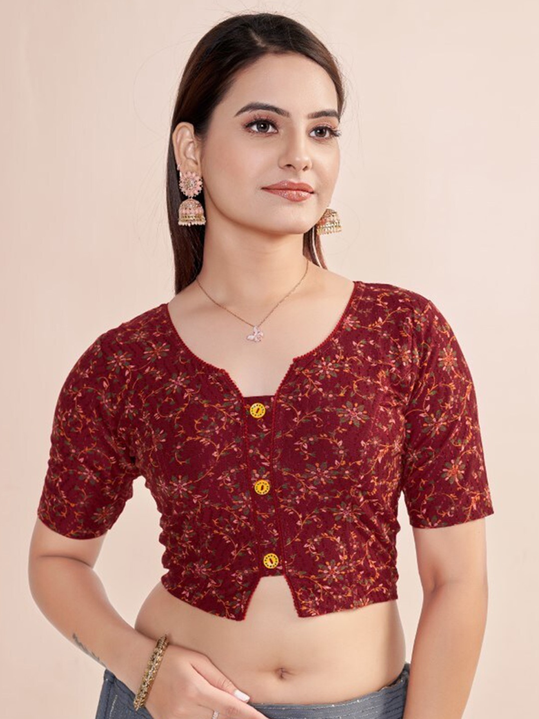 

HIMRISE Floral Printed Round Neck Raw Silk Saree Blouse, Maroon