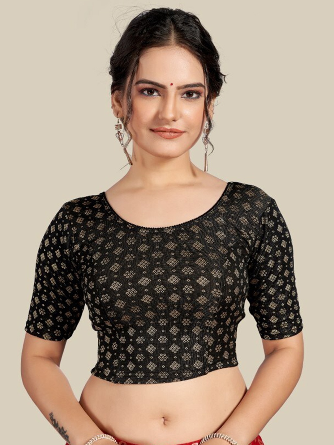 

HIMRISE Ethnic Motifs Printed Saree Blouse, Black