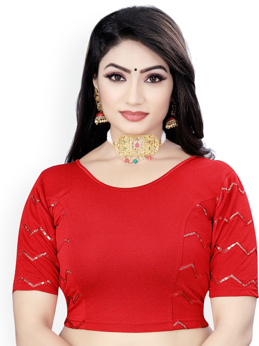 

HIMRISE Plus Size Embroidered Sequinned Saree Blouse, Red