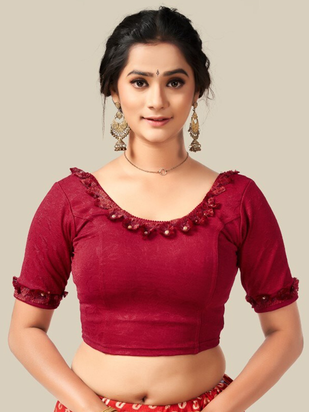 

HIMRISE Thread Work Round Neck Saree Blouse, Pink