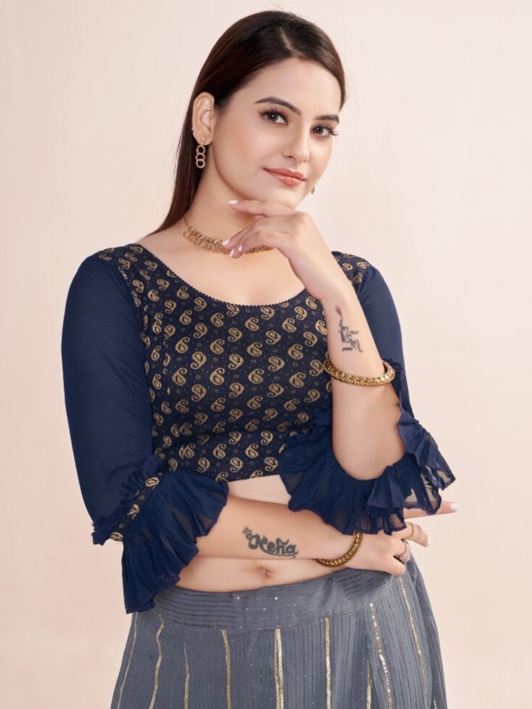 

HIMRISE Foil Printed Saree Blouse, Navy blue