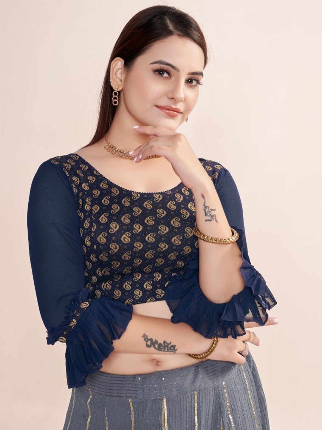 

HIMRISE Paisley Woven Designed Saree Blouse, Navy blue
