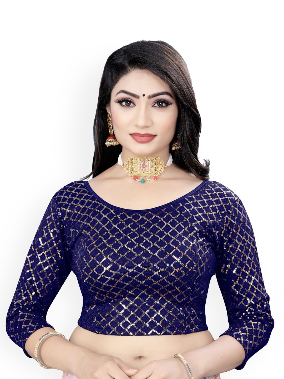 

HIMRISE Embriodered Three-Quarter Sleeves Sequinned Raw Silk Saree Blouse, Navy blue