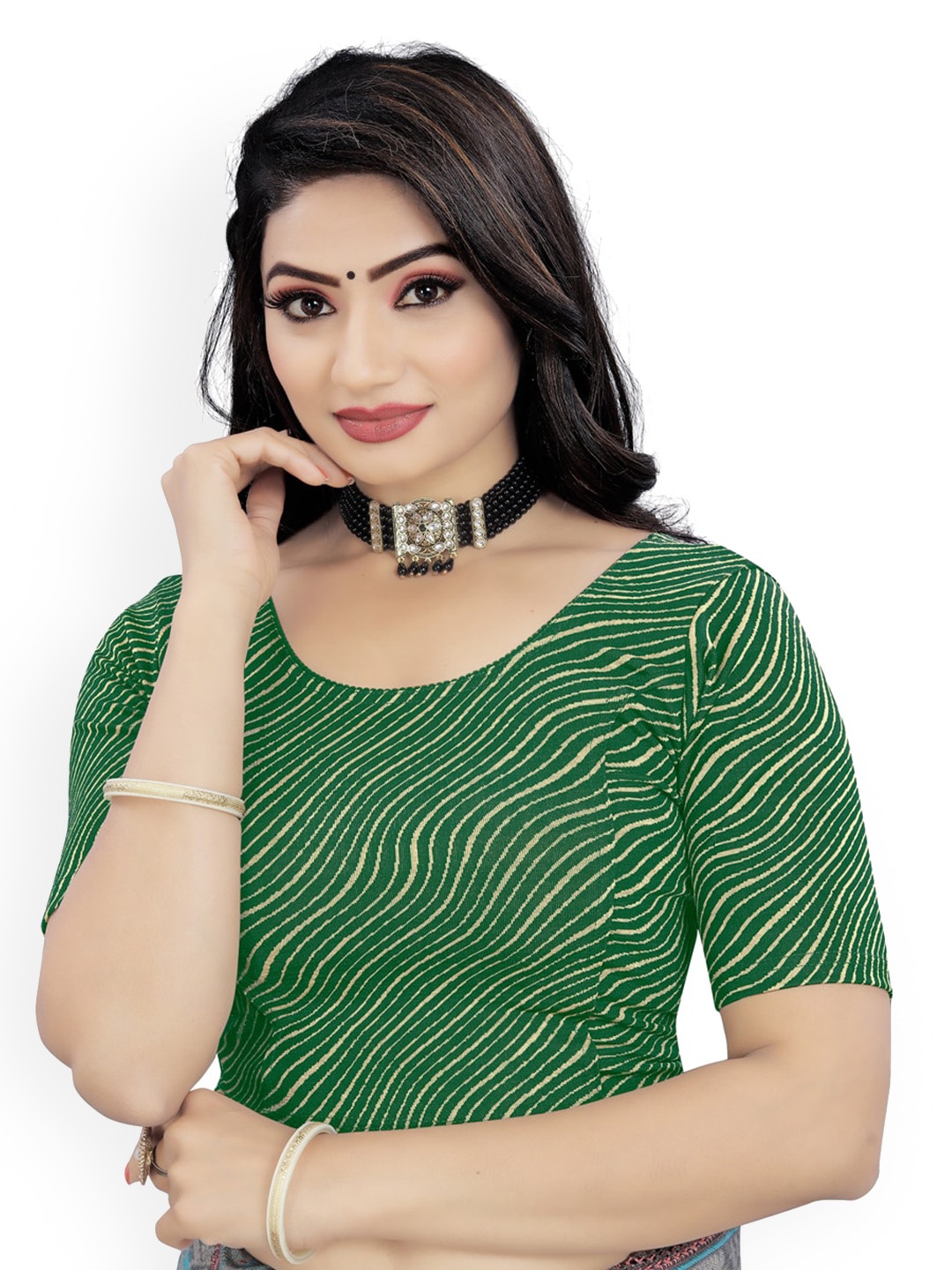 

HIMRISE Printed Round-Neck Saree Blouse, Green