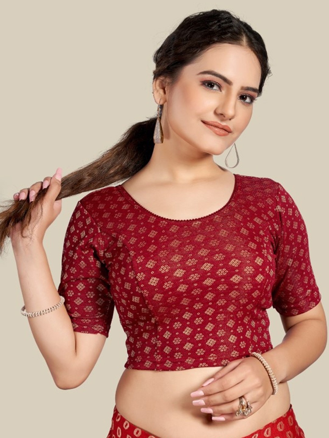 

HIMRISE Bandhani Printed Saree Blouse, Maroon