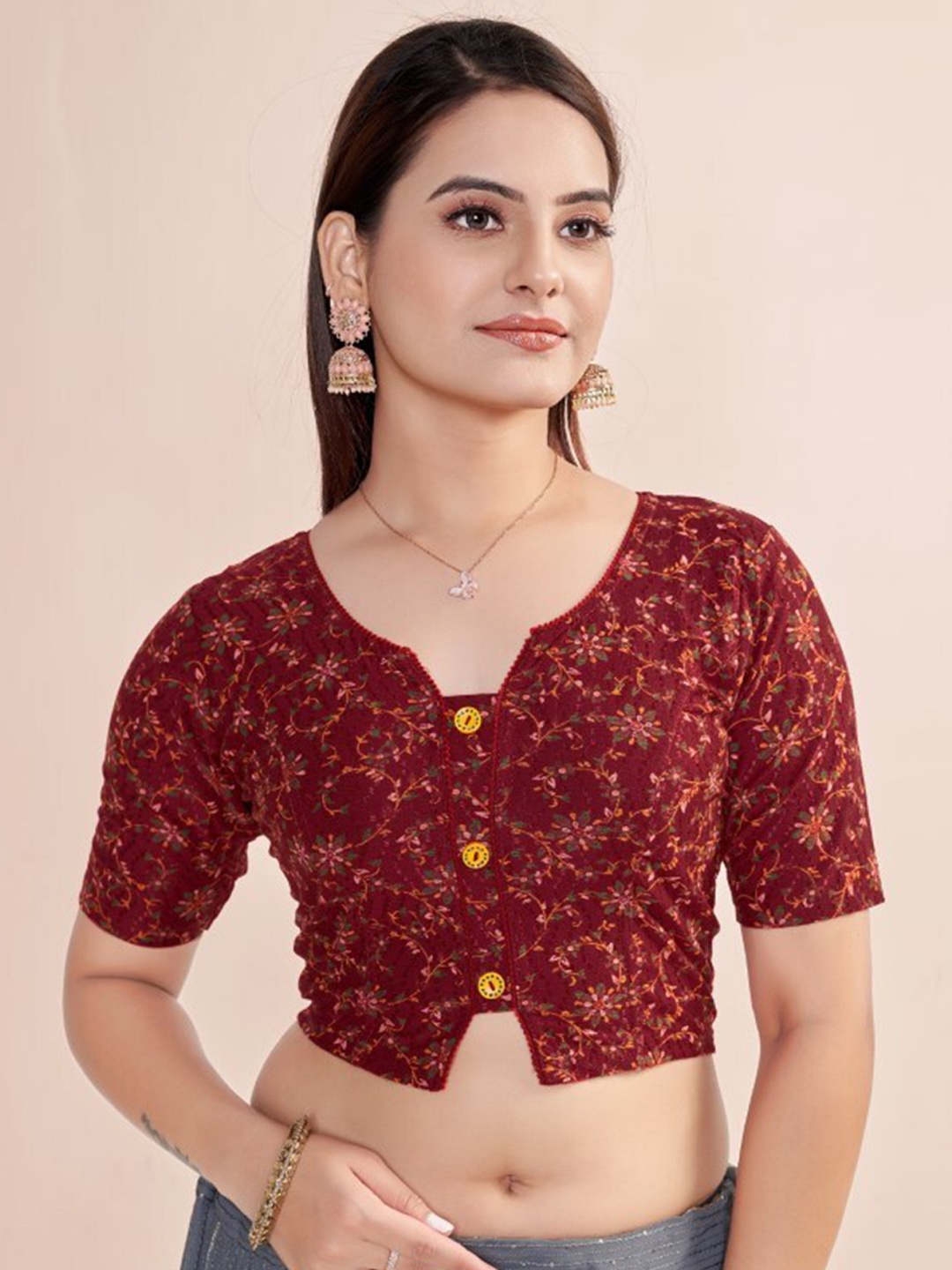 

HIMRISE Ethnic Motifs Printed Saree Blouse, Maroon