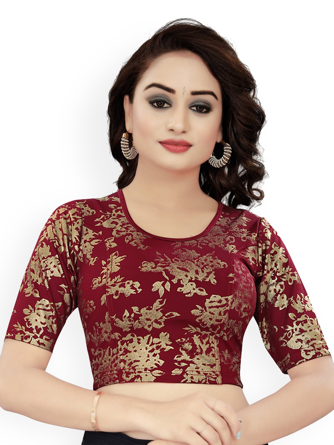 

HIMRISE Floral Foil Printed Round Neck Cut-out Saree Blouse, Maroon